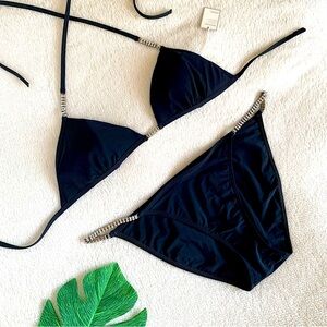 Y2K Express Vintage Sexy Rhinestone Black Triangle String Bikini•NWT